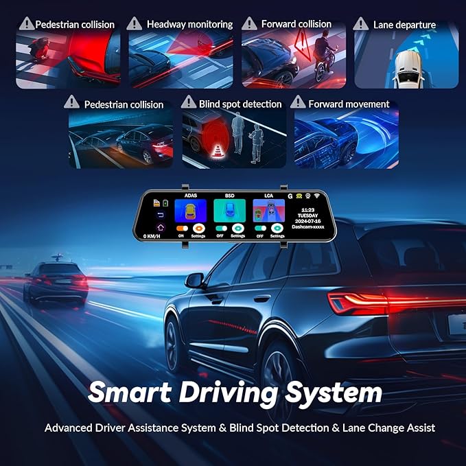 Mirror Dual Dash Camera,4K and 2.5K Dash Cam with Voice Control Rear View Mirror Camera and WiFi,GPS Dashcam for Cars with WDR Night Vision, G-Sensor, 24 Parking Monitor ABS (Include 64GB Card)
