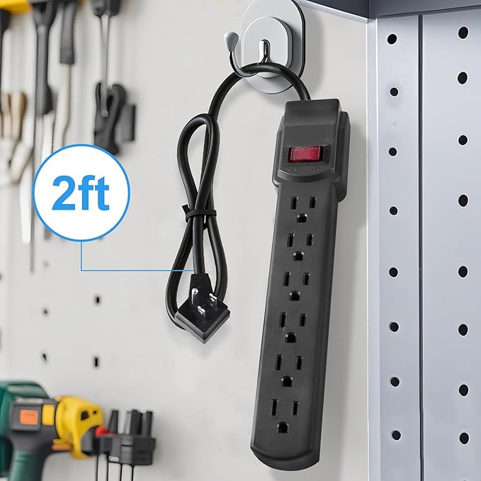 PowerEnvy 6-Outlet Surge Protector – 250 Joules, 2ft Cord, 15A/125V, 1875W Max – Right Angle Plug, Black – Home, Office, & Electronics Protection