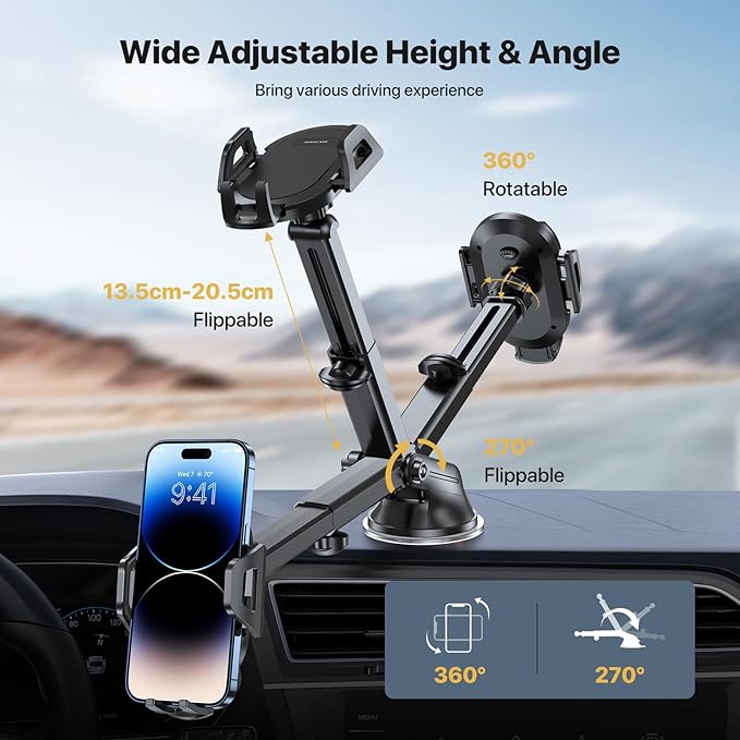Miracase Phone Holders for Your Car, [Thick Case & Heavy Phone Friendly] Universal Cell Phone Car Mount, 3-in-1 Phone Mount for Car Dashboard Windshield Air Vent Fit for All Smartphones