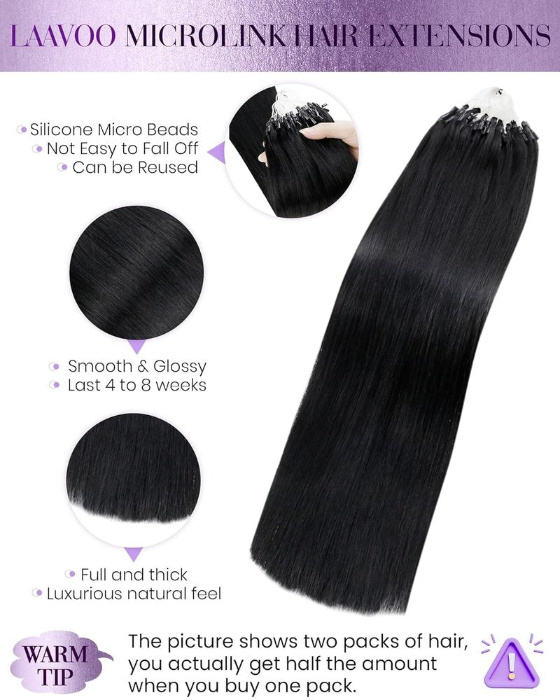 LaaVoo Microlink Hair Extensions Human Hair Jet Black 20inch Microbead Hair Extension Real Human Hair Micro Link Extensions Black Straight Hair 50gs 50g