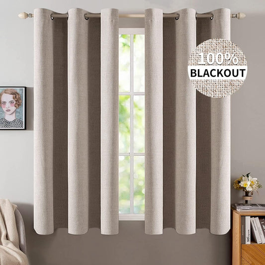 MIULEE Linen Blackout Curtains - 100% Room Darkening Thermal Insulated Grommet Panels | Khaki, 42" x 63" (2 PCs)