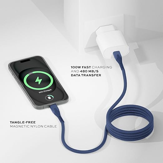Statik MagStack Pro USB C to USB C Cable, Magnetic Type C Charger Fast Charging Cord, On The Go Magnetic Charging Cable for Car, Compatible with iPhone, iPad & Android, Navy 100W 3FT