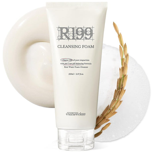 NATURECLASS R199 Rice Enzyme Cleansing Foam – Deep Cleanser for Sensitive Skin, Blackhead & Pore Care, Double Cleansing, Aloe & Hyaluronic Acid, Korean Skin Care, Fragrance Free, 5.07 fl oz