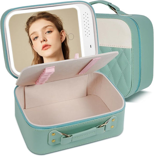 Travel Makeup Bag with LED Mirror - Portable Cosmetic Organizer | Mint-White Color, Rechargeable Vanity Mirror
