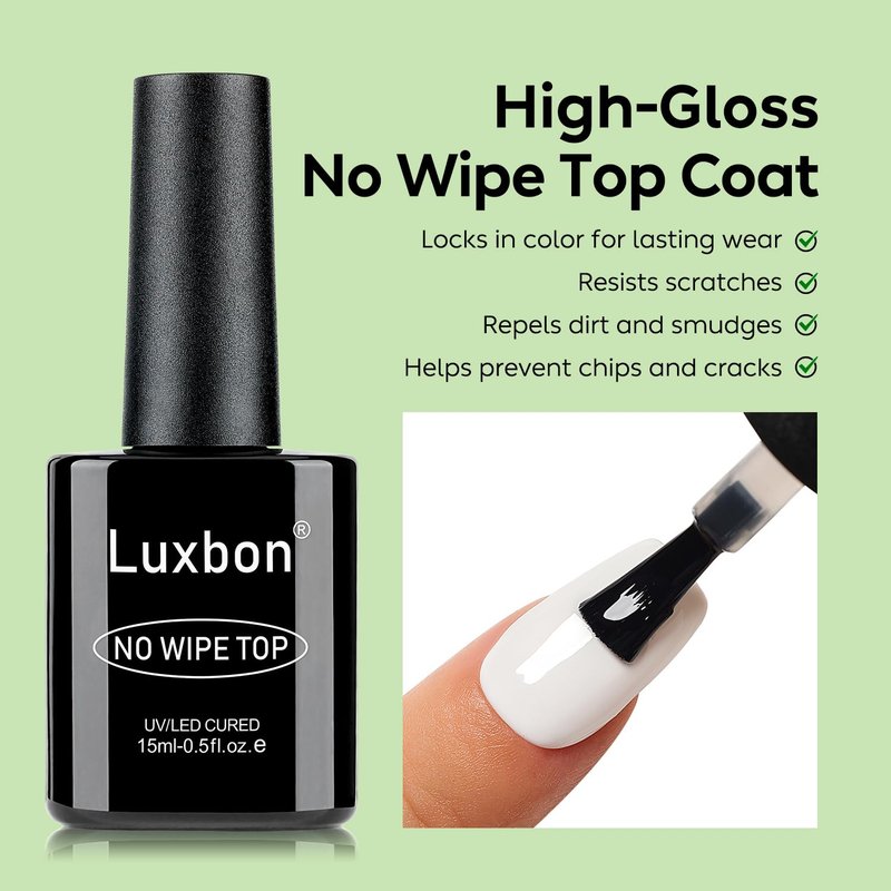 Luxbon 4 Pcs 15ml No Wipe Gel Top Coat and Base Coat Nail Primer Dehydrator Set - Long Lasting, Shine Finish, UV LED Nail Lamp Soak Off Gel Base Top Coat Manicure