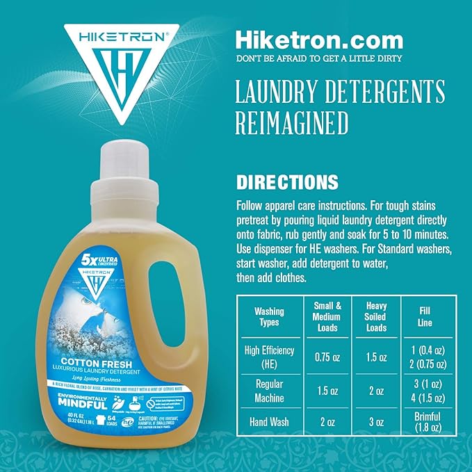 Hiketron Cotton Fresh Liquid Laundry Detergent, 5x Ultra Concentrated, Tough Stains Remover, Long Lasting Scent (40 Fl Oz, Pack of 1)