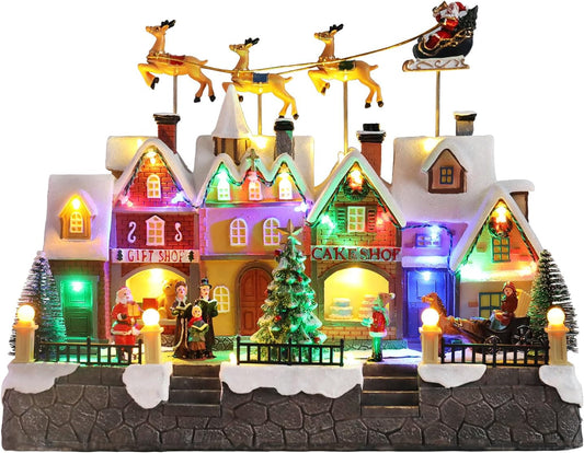 MUMTOP Christmas Village House - Light-Up Animated Town with Flying Reindeer & Santa Sleigh | Holiday Tabletop Decor