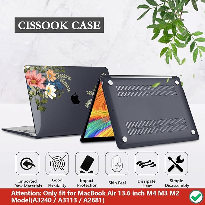 CISSOOK Compatible with MacBook Air 13.6 Inch Case 2026 2025 2024 2023 2022, Plastic Hard Shell Case with Keyboard Cover for MacBook Air 13.6 M2 M3 M4 M5 Chip A2681 A3113 A3240 A3449, Retro Flower