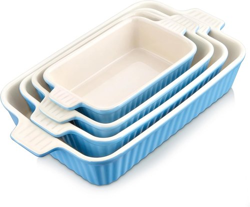 MALACASA Casserole Dishes - Porcelain Bakeware Set of 4 with Handles - Deep Rectangular Lasagna Pans in Blue (9.4"/11.1"/12.2"/14.7")