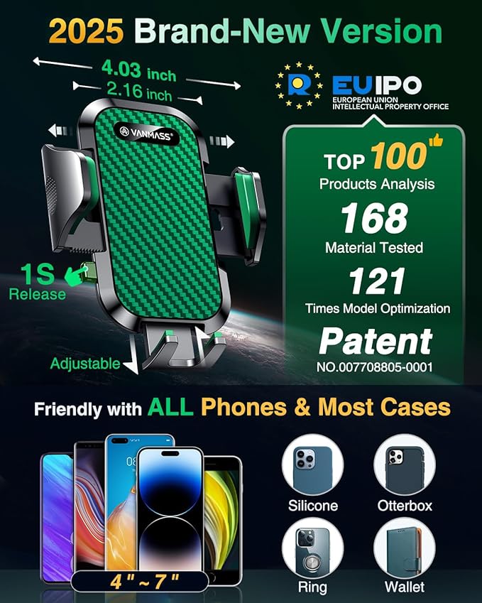 VANMASS Phone Holders for Your Car Ultimate Military-Grade Car Phone Holder Mount【Patent & Safety Certs】 Upgraded Shockproof Truck Air Vent Phone Mount for iPhone 17 Pro Max 16 Samsung Android,Green