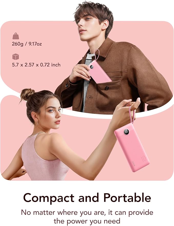 VRURC Portable Phone Charger, Travel Portable Charger with 4 Cables, 5 Outputs Slim USB C Power Bank for Hiking Camping Business, Built-in Cables for Multi Devices,Android-Barbie Pink(1 Pack)