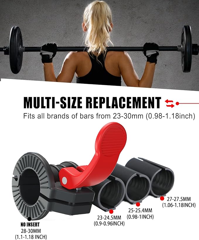 ZY-HUAN Barbell Clips 1 inch Barbell Clamps 0.9-1.18inch Quick Release Weight Clips for Bars Multi-Size Adjustable Olympic Barbell Clamps (Red + Black)