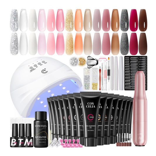COSCELIA 50PC Poly Nail Gel Kit Starter Kit with Drill and Lamp 15 Colors 16ML Nail Extension Gel for Beginners All Season Nail Decorations Poly Extension Kit Gifts for Women