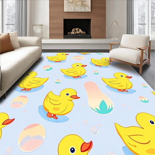 Flatwoven High Traffic Area Rug 8x8, Delightful Yellow Ducklings with Bubble Motifs Cartoon Design, Non Slip, Stain Resistant, Washable Area Rugs for Living Room, Bedroom (Yellow, 8x8)
