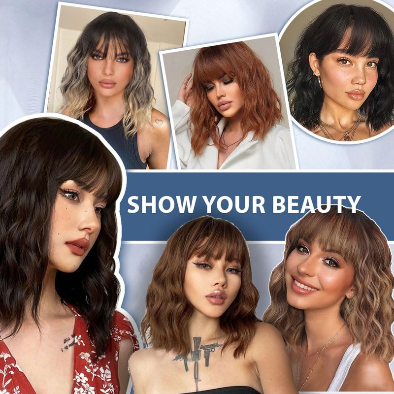 LOSMOEER Auburn Wig with Bangs Short Wavy Copper Red Wigs for Women Shoulder Length Curly Bob Wigs Heat Resistant Synthetic Wigs for Halloween Cosplay Daily Party Use