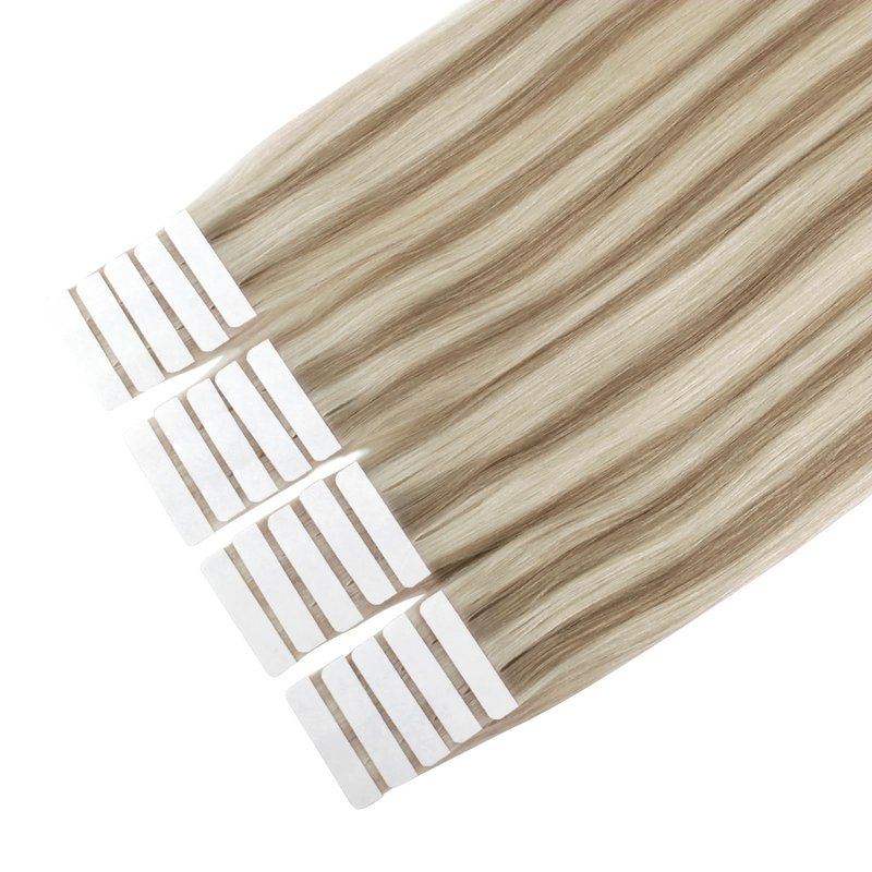 Sixstarhair Seamless Tape In Hair Extensions Remy Human Hair Highlight Hair Extensions Color Swedish Blonde and Ash Blonde Piano Color For Beautiful Girl 50g/20 Pieces Pack [Color 20/60 14inch]