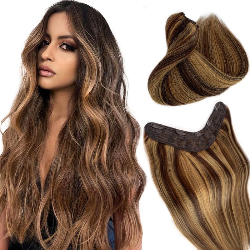 Human Hair Clip-In Extensions - Ombre Chocolate Brown to Caramel Blonde | 14" 70G V-Shape Balayage with 5 Secure Clips