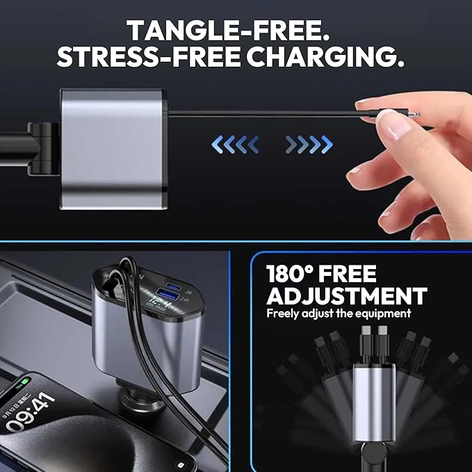 JPHASIC 120W Retractable Car Charger 4-in-1 USB-C & Lightning Cable – Fast Charging Adapter for iPhone 16/15/14, Samsung, Android | USB Type-C Port + LED Voltage Display | Multi-Device Car Charger