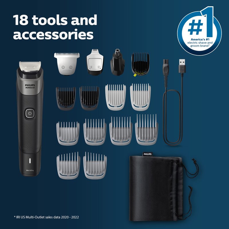 Philips Norelco Multigroom 5000 Series, All-in-One Trimmer and Hair Clipper, 18-Piece Men's Grooming Kit for Beard, Face, Hair, Body and Intimate Areas, No Blade Oil Needed, Model MG5910/49