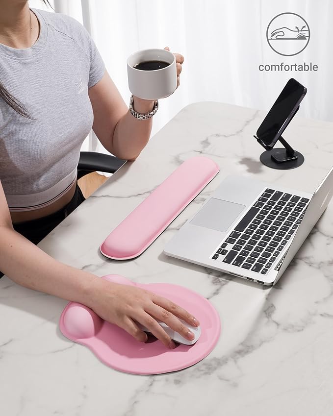 Laborio Ergonomic Mouse Pad Wrist Support Set, Memory Foam Keyboard Wrist Rest Set, Relieve Wrist Pain Keyboard Pad, Non-Slip Base Mousepad(Pink Set)