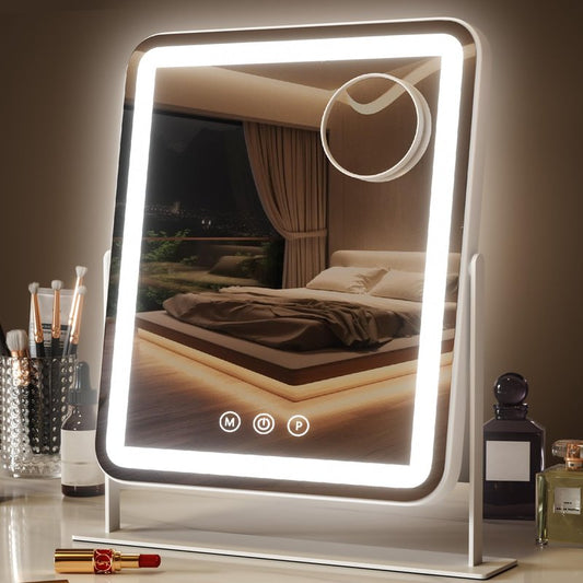 Saliwa Vanity Mirror with Lights, 18.5" x 14" Lighted Makeup Mirror with 3 Color Lights, Stepless Dimming, 5X Magnifying Mirror for Desk & Bedroom, 360° Rotation, Gift for Women, Mom, Daughter