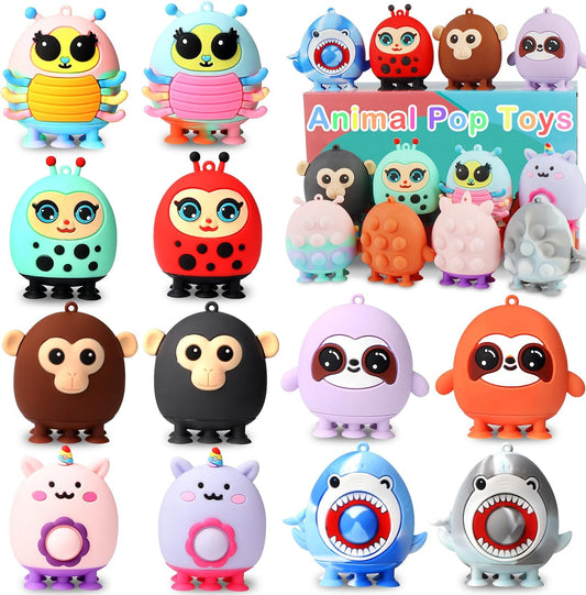 Skiennix 12 PCS Animal Suction Pop Fidget Toys - 3D Silicone Fun for Kids | Perfect Party Favors & Prizes