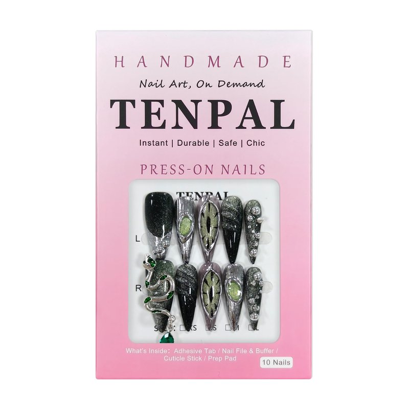 TENPAL Long Stiletto Press on Nails,Gothic Punk Green Cat Eye Nails Glow & 3D Snake with Gem,Black Silver Metallic Fake Nails Kits,10pcs Soft Gel False Nails with Steel Bead for Party Gifts(S)