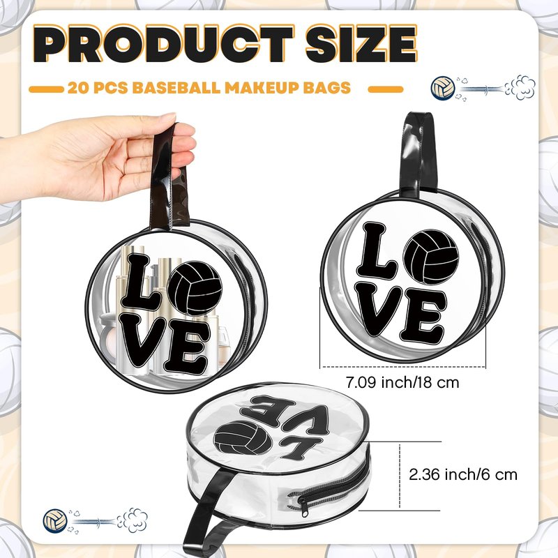 Yeyeplum 20 Pcs Volleyball Gifts Makeup Bag Clear Waterproof PVC Volleyball Cosmetic Bags Travel Toiletry Zipper Pouch Round Portable Sport Cosmetic Case for Women Girls Team Gift Party Favors