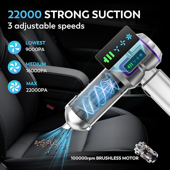 KedeeSparkle Car Vacuum Cleaner Cordless, 22000PA High Power Portable Handheld Vacuum & Compressed Air Duster, Mini Vacuum with LED Display, 3 Modes Brushless Motor for Car, Home, Office, Camping