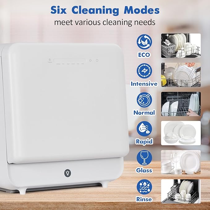 Portable Dishwasher Compact Dishwasher Countertop with Faucet & Manual Water Tank (5L) Modes Water Inlet, Compact with More Space Inside, 6 Programs Ideal for RV & Apartments