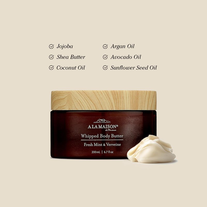 A LA MAISON Whipped Body Butter – Fresh Mint & Verveine – Shea Butter Moisturizer with Argan, Avocado & Jojoba Oils – Ultra-Rich Body Cream for Dry Skin – 6.7 oz – Amber Collection