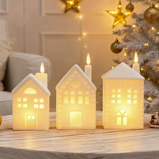WDS WONDROUS Ceramic Christmas Village Set - Light Up Tabletop Decor | Set of 3 Flameless LED Houses