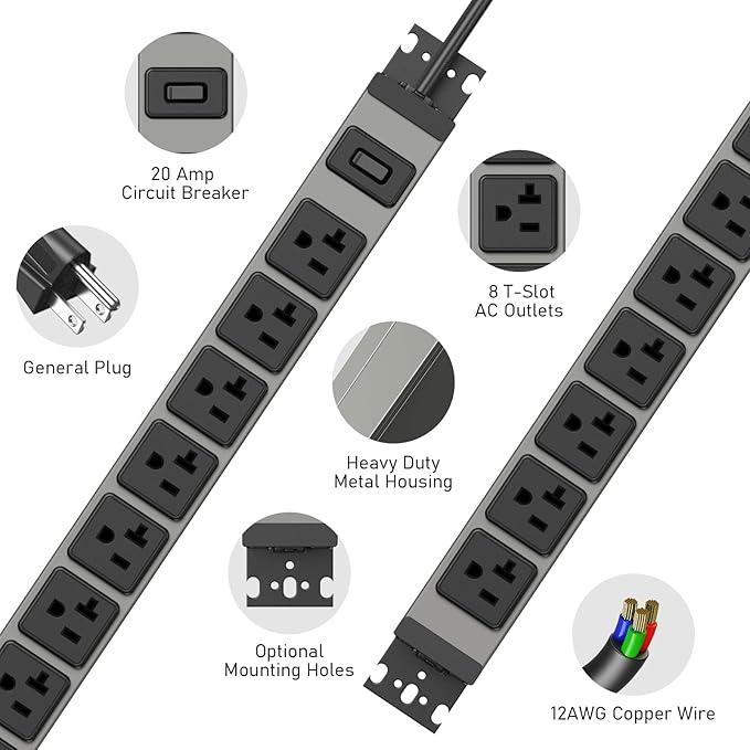 JUNNUJ Heavy Duty Power Strip Wall Mount, 20 Amp Surge Protector 1200J Metal 8 Outlet Under Desk Mounted 20A, Garage Power Table Socket Industrial Outlets 6-20R T-Slot, 15FT 12AWG Extension Cord