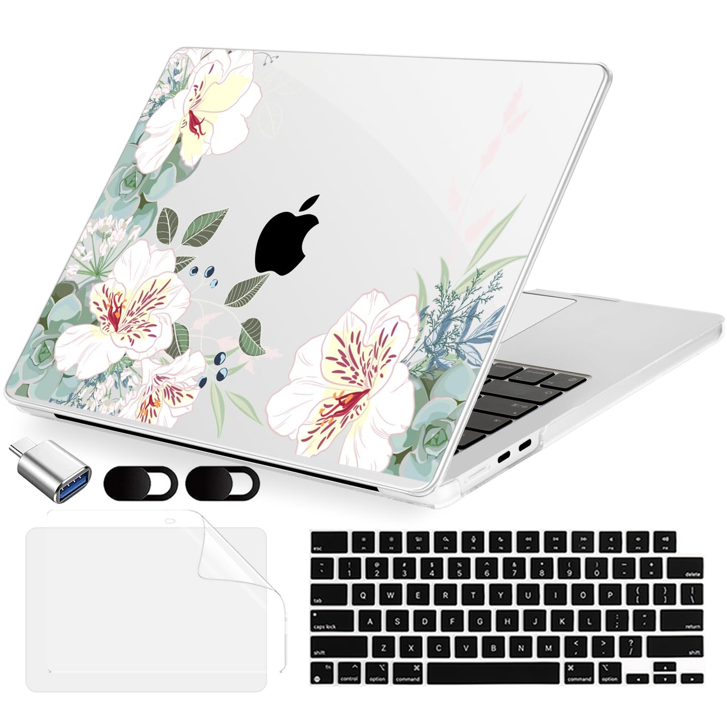 MecBevia Compatible with 2026 M5 MacBook Air 13 inch Case 2026 2025 2024-2022 M5 A3449 M4 A3240 M3 A3113 M2 A2681, Keyboard Cover, Screen Protector, Webcam Cover & Type-C OTG, White Alstroemeria