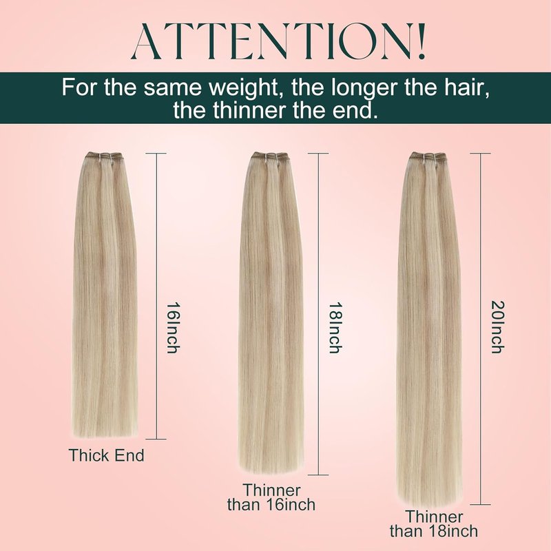 Human Hair Weft Extensions - Seamless Ash Blonde Highlights | 14 Inch, 70G Smooth Texture