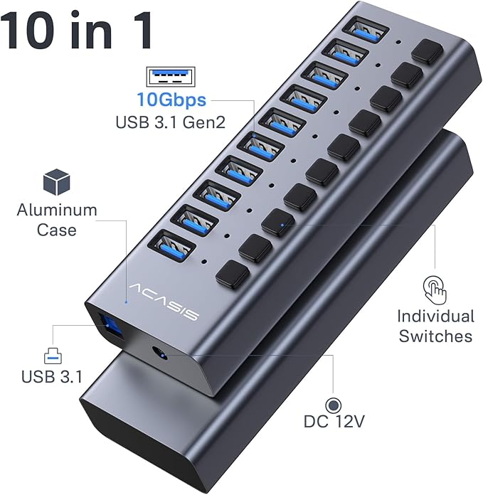 Powered USB 3.2 Hub, ACASIS 10 Ports USB 3.2 Hub with 10Gbps Data Speed, Aluminum Housing, USB Hub Powered with 48W Power Adapter, USB Hub for PC/Laptop, Computer, Flash Drive, Printer, Camera