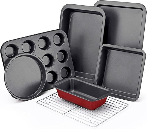 KITESSENSU Nonstick Baking Pans Set - 7-Piece Bakeware with Cake, Loaf, Muffin, Cookie, and Roast Pans | Pink