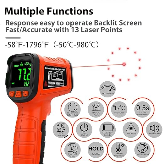 MOONASCEND 50:1 Infrared Thermometer Temperature Gun, -58°F to 1796°F Digital Laser Temp Gun for Cooking, Pizza Oven, BBQ, Fridge IR Thermometer Gun for HVAC, Engine, and Industrial Use