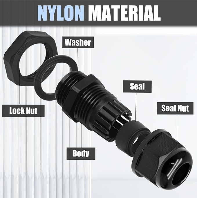 Kyuionty 12 Pcs Nylon Cable Glands, Black Strain Relief Cable Cord Connector IP68 Waterproof Junction Box Wire Protectors Adjustable (6 Pcs 3/4" NPT + 6 Pcs 1/2" NPT)