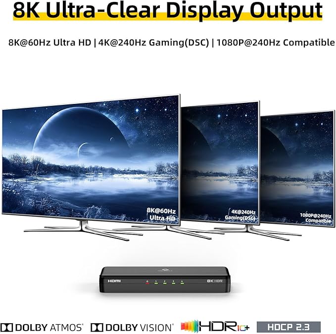 8K HDMI Splitter 1 in 4 Out (Mirror Only) – HDMI 2.1 8K@60Hz, 4K@240Hz DSC, 4K@120Hz, Auto Downscaling, 48Gbps, HDCP 2.3, Duplicate Screens for Multiple Monitors, TV, PS5, Xbox