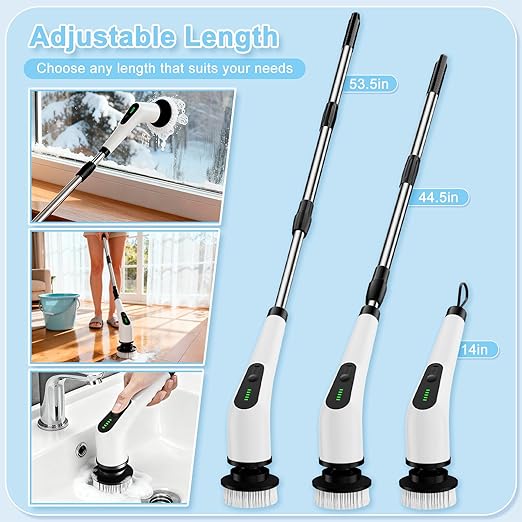 Electric Spin Scrubber, Cordless Cleaning Brush with 8 Replaceable Brush Heads, Shower Scrubber with Adjustable Extension Handle, Waterproof Power Scrubber for Bathroom Tile Floor Tub Car Walls