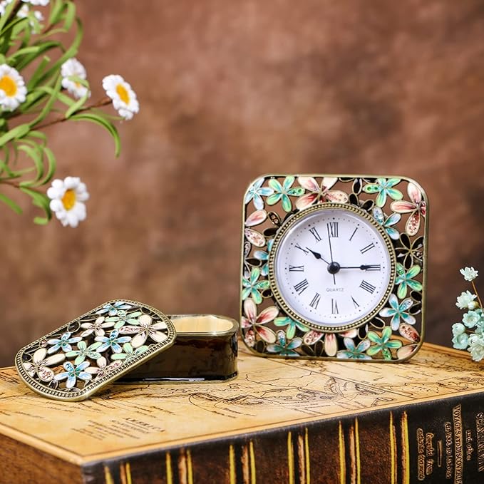 Pewery Decorative Mini Table Clock, Vintage Metal Silent Analog Quartz Battery Operated Table Top Clock for Living Room Decor Shelf
