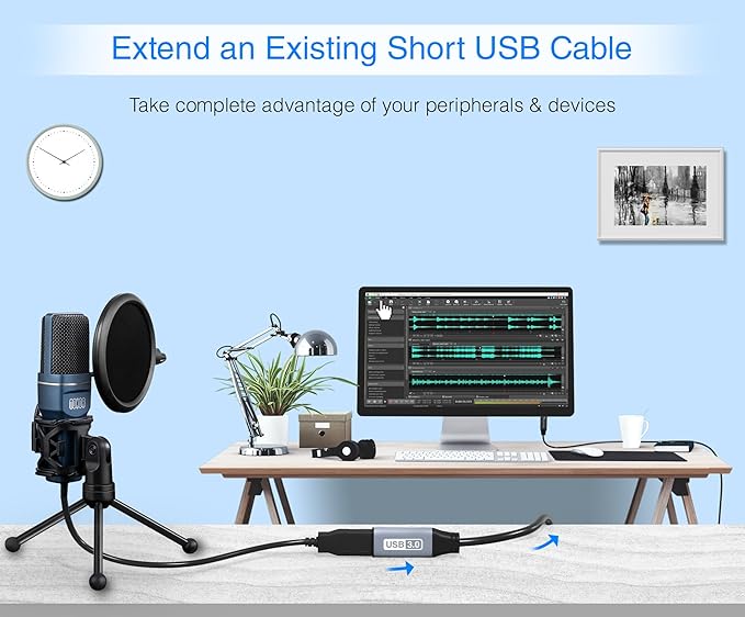 BlueRigger Active USB 3.0 Extension Cable 6FT (5 Gbps USB Extender Cord) - Short USB Extension Cable for Webcam, VR Headset, Printer, Hard Drive, Keyboard, Mouse