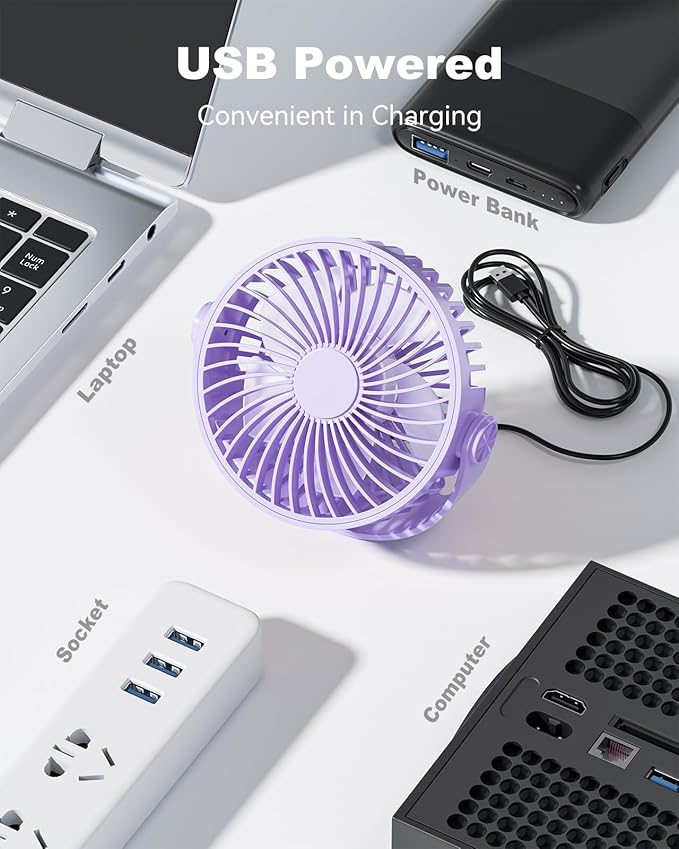 Edvision USB Desk Fan, 5 Inch Mini Portable, 3 Speeds Strong Airflow Personal Desktop, Detachable Cooling Fan 360° Rotation Quiet Small Fan for Desk Home Office Travel Car, Purple, 5ft Cable