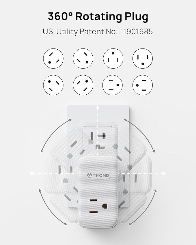 TROND Outlet Extender with 2 PD 20W USB C Charger, 3 AC Multi Plug Outlet Splitter with 360 Rotating Plug, USB Wall Socket Adapter, A Small Charging Station for Kitchen Bathroom Cruise Essentials