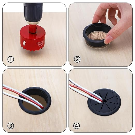 Covzoe 20 Pack Desk Grommets 2 Inch(50mm), Desk Cable Hole Cover with Hole Saw, Plastic Wire Cord Cable Management Through the Countertop for Home Office, Black