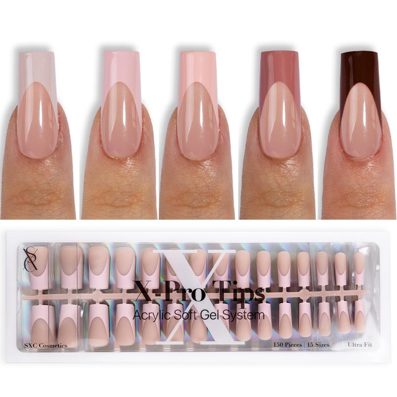 SXC Cosmetics French Tip Press On Nails 150 Pieces in 15 Sizes Ultra Fit with Pre-applied Tip Primer and Base Coat, No Need to File Fake Nails for Nail Art DIY X-Pro Tips (ST117-M Square)