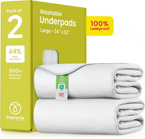IMPROVIA® Washable Underpads - Heavy Absorbency Reusable Incontinence Pads for Kids, Adults & Pets | Waterproof Protection, 34x52 (2 Pack)