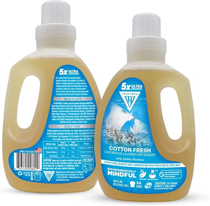 Hiketron Cotton Fresh Liquid Laundry Detergent, 5x Ultra Concentrated, Tough Stains Remover, Long Lasting Scent (40 Fl Oz, Pack of 1)
