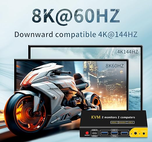 DP hdmi kvm Switch 2 Monitors 2 Computers Display Port,kvm Switch displayport with DP and HDMI kvm switches,8K@60HZ,USB3.0 with 1 USB C